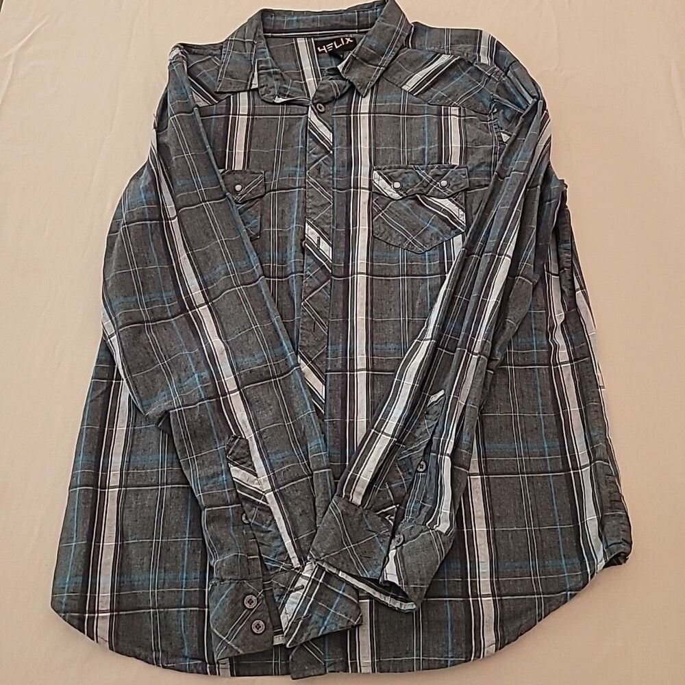 Helix Western Shirt Gray Blue Plaid Button Up Long Sleeve Cowboy Grunge Mens XL